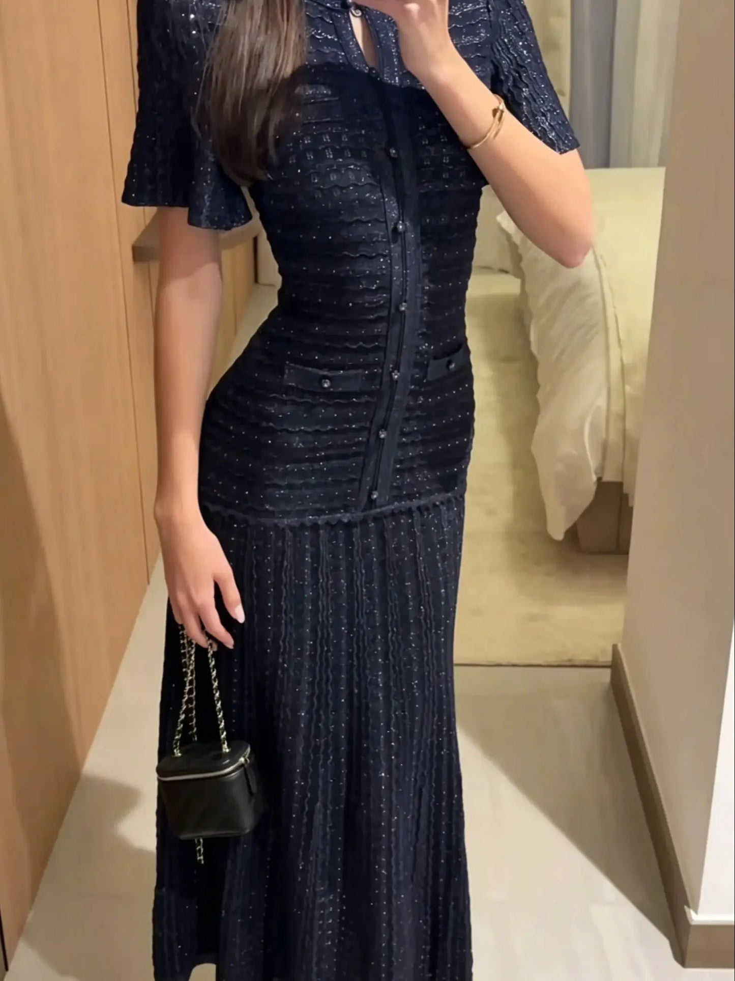 Cinched Waist Sequin Maxi Dress for Women Round Neck Short Sleeve Knitted Dresses 2026 NEW Hollow Out Single Breasted Midi Robes