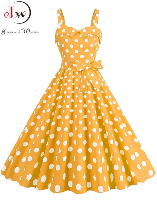 Women's Polka-Dot Puff-Sleeve Midi Sundress — Vintage Square-Collar Dress