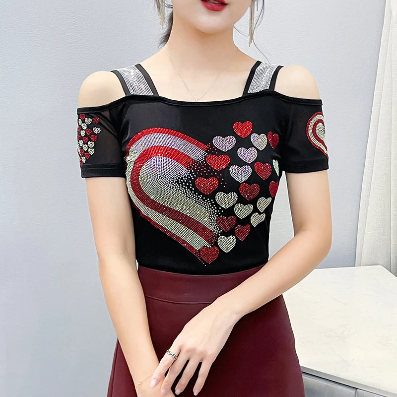 Women's Off-Shoulder Rhinestone Mesh Top