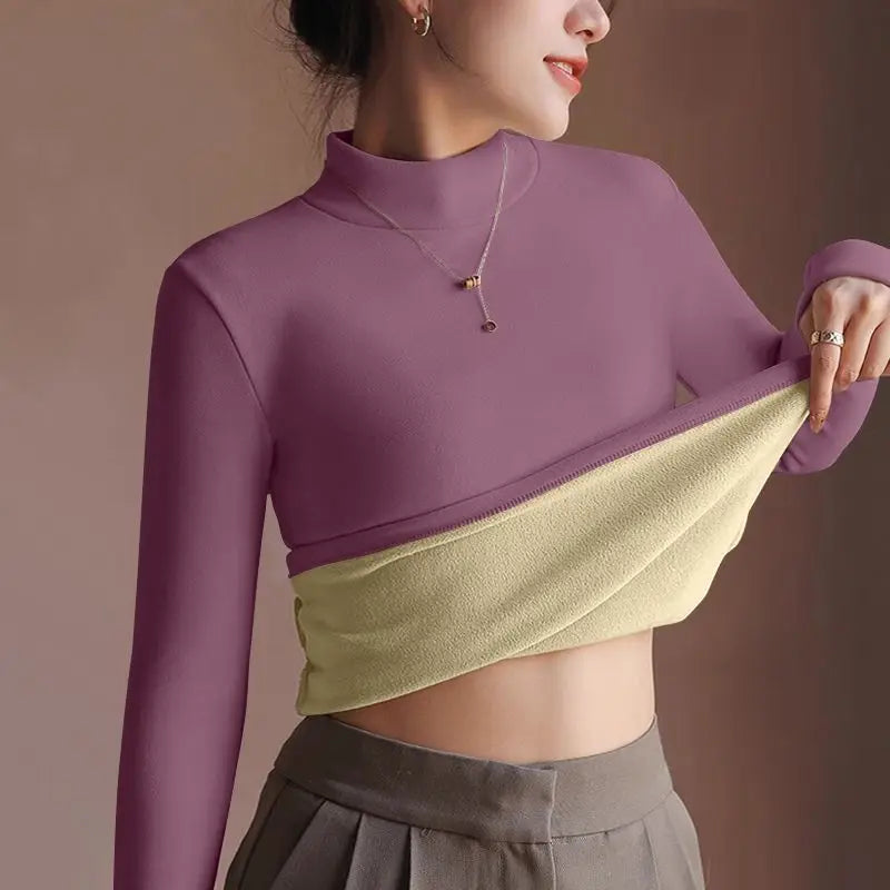 Women's Sweater Autumn Winter Retro with Velvet Lining Thickened Inner Wear Thermal Clothes Long-sleeved T-shirt Bottoming Shirt
