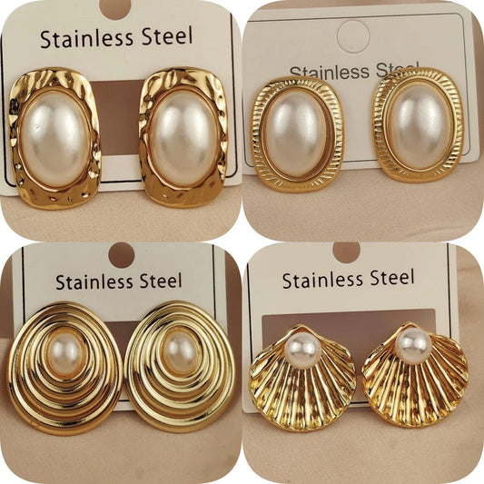 Charming heavy metal fan-shaped pearl 18K women's earrings, waterproof and non-fading stainless steel, wife gift