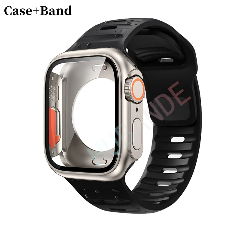 Silicone strap For Apple Watch 44mm 45mm 41mm 40mm Bracelet+Screen protectores Change to Ultra For iWatch Series 9 8 7 SE 6 5 3