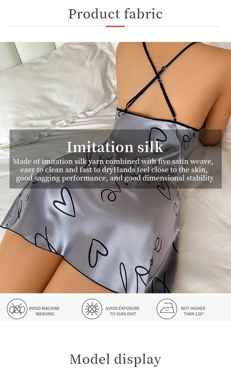 Women's Heart & Letter Print Nightdress – Sexy Sleeveless Satin Slip Sleepwear | S–XL (6 Colors)