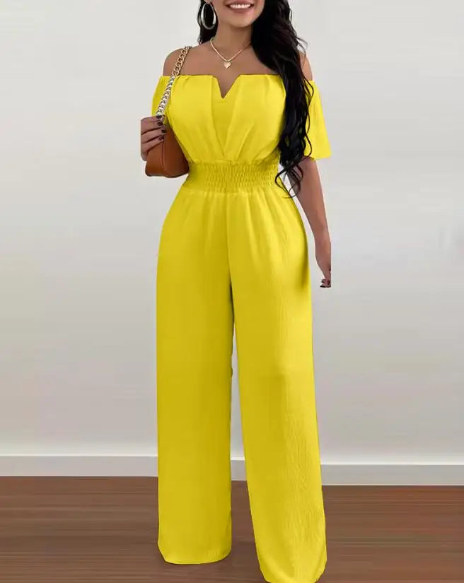 Jumpsuits for Women 2026 Spring Fashion Off Shoulder Casual Plain Short Sleeve Shirred Waist Daily Long Wide Leg Jumpsuit 2026