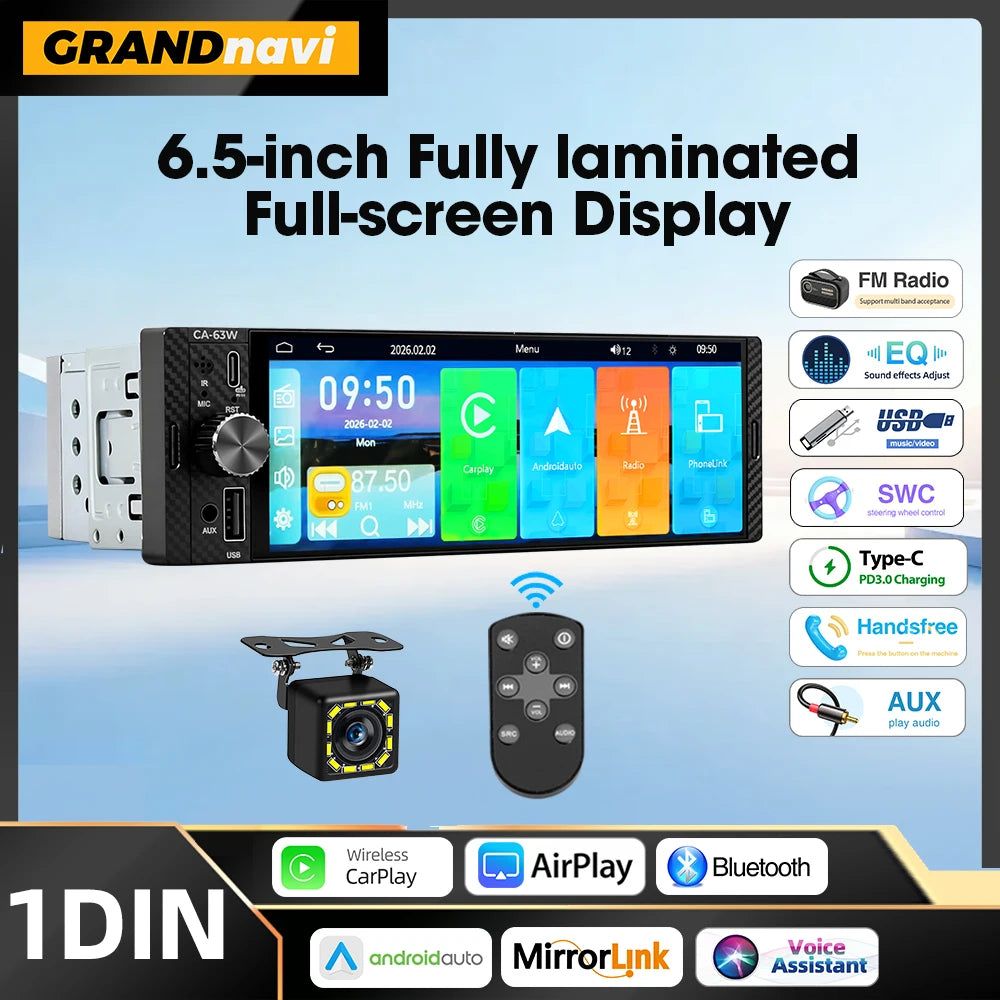 6.5 Inch 1Din MP5 Player Stereo Wireless Carplay Android Auto Airplay Car Radio Bluetooth FM EQ Type-C PD3.0 Fast Charging