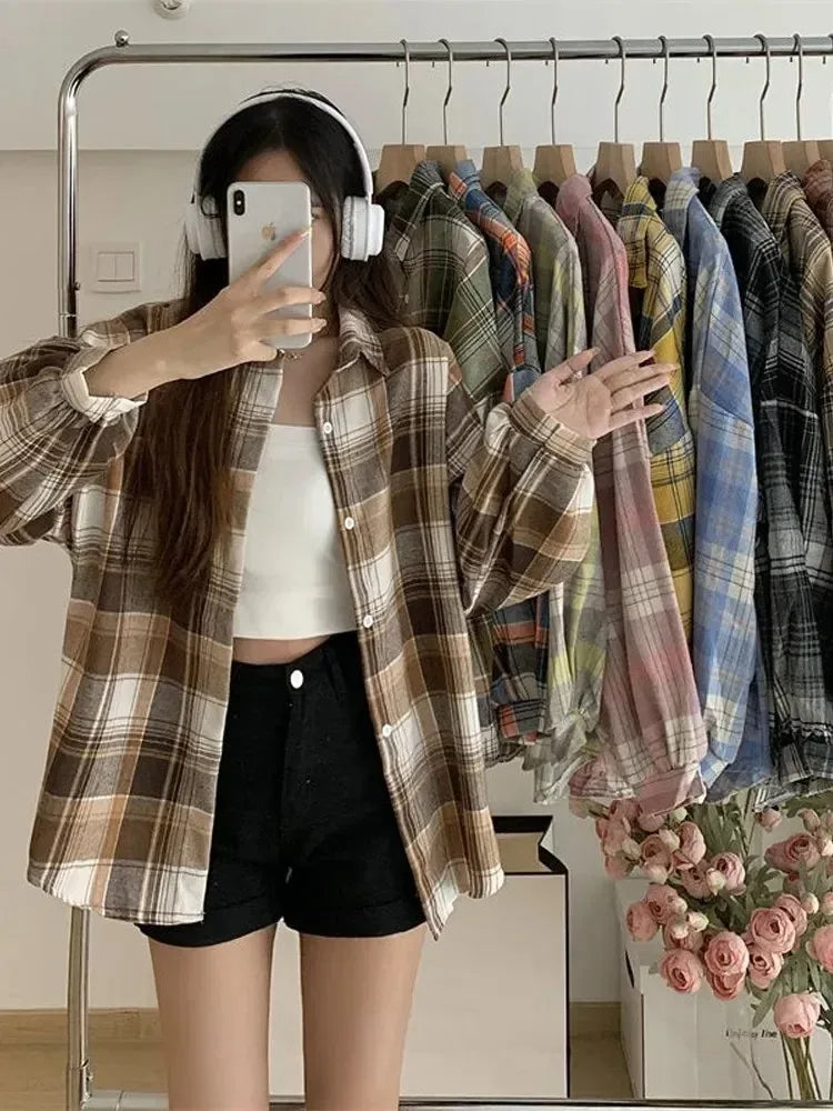 Women's Plaid Button-Up Shirt - Loose Long Sleeve Check Blouse