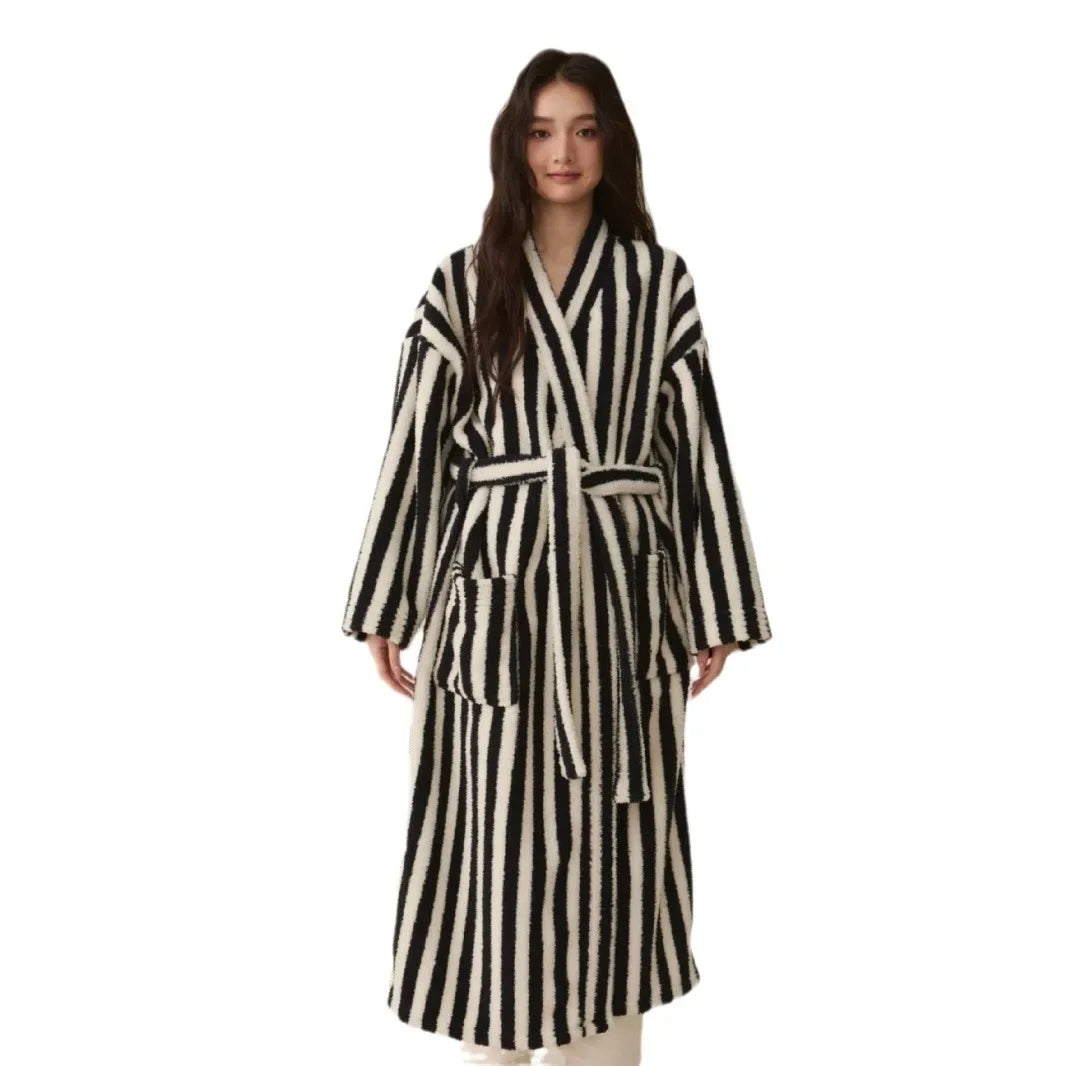 Striped Flannel Robe and Pants Set for Women and Men