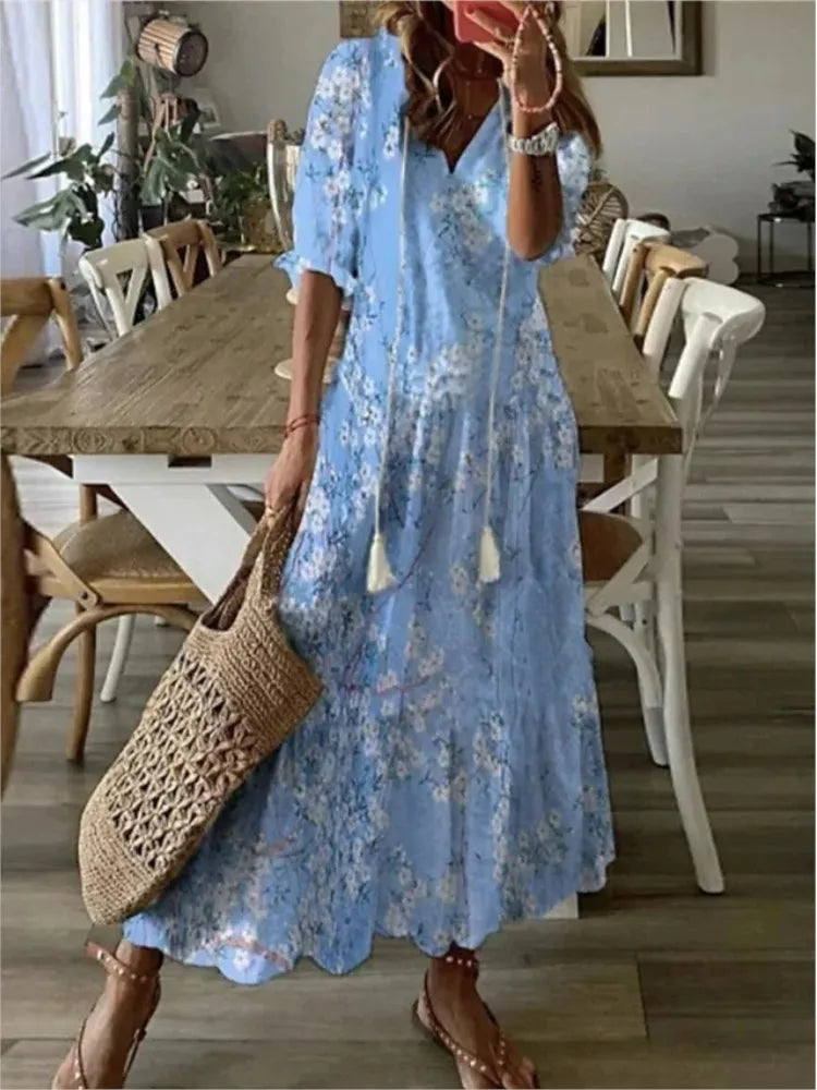 Women's Boho Maxi Dress – Casual V-Neck Drawstring Long-Sleeve Printed Bohemian Dress