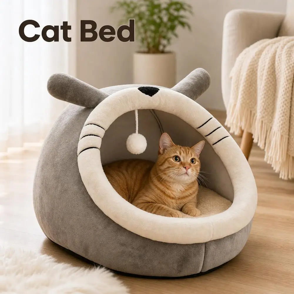 Cute Cartoon Cat Cave Bed - Warm Kitten House Nest