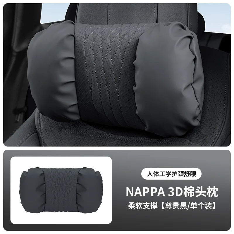 Nappa Leather Car Headrest & Lumbar Support Cushion – Soft Neck Pillow & Waist Pillow Set