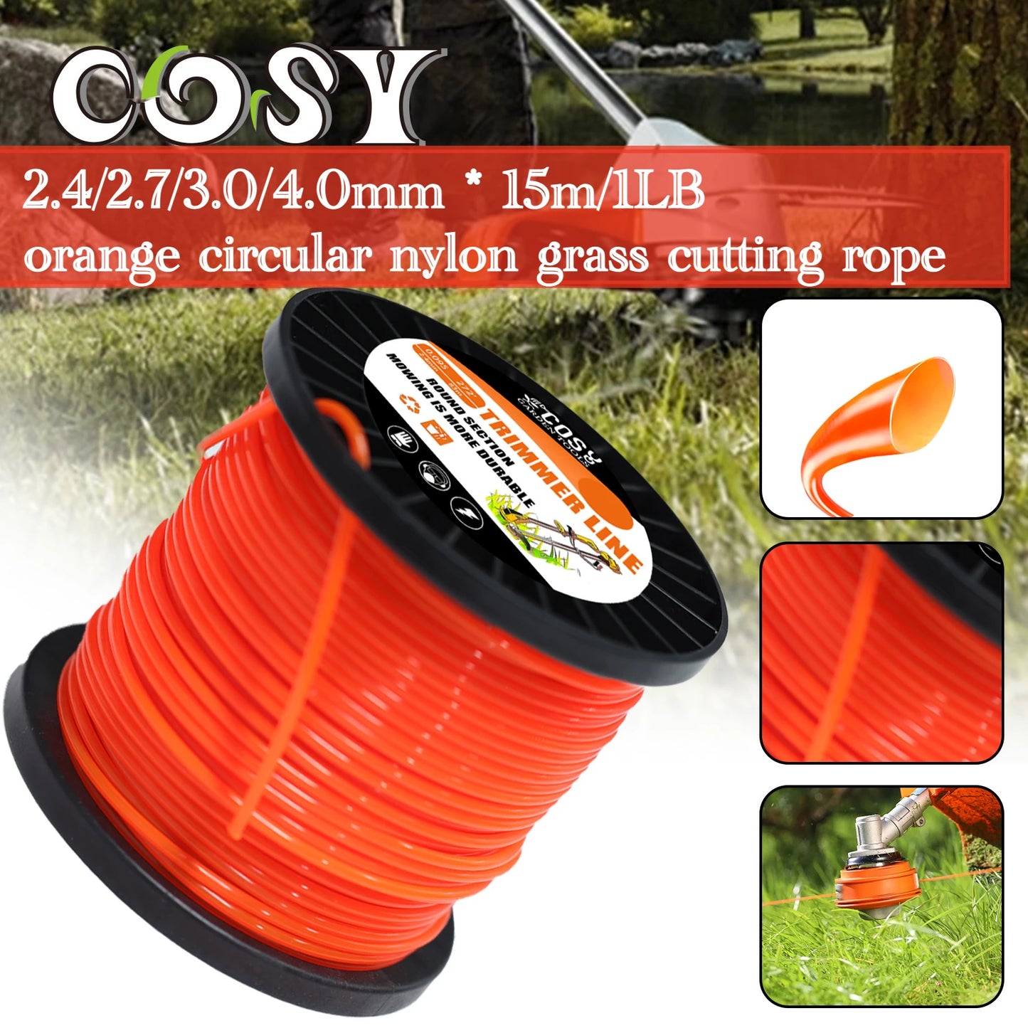1LB 2.4/2.7/3.0/4.0mm Mowing Nylon Grass Trimmer Rope Brush Cutter Strimmer Line Orange Round Brushcutter Trimmer Cord Line Wire