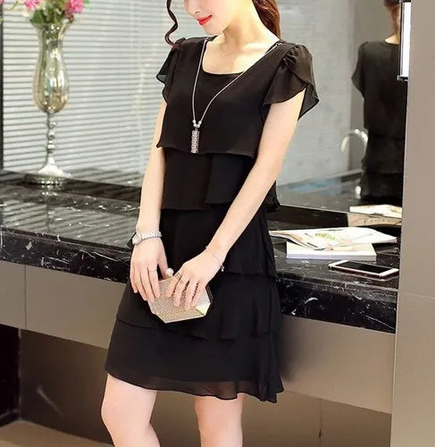 Women's Ruffle Chiffon Mini Dress — Sweet Solid Short-Sleeve O-Neck Dress