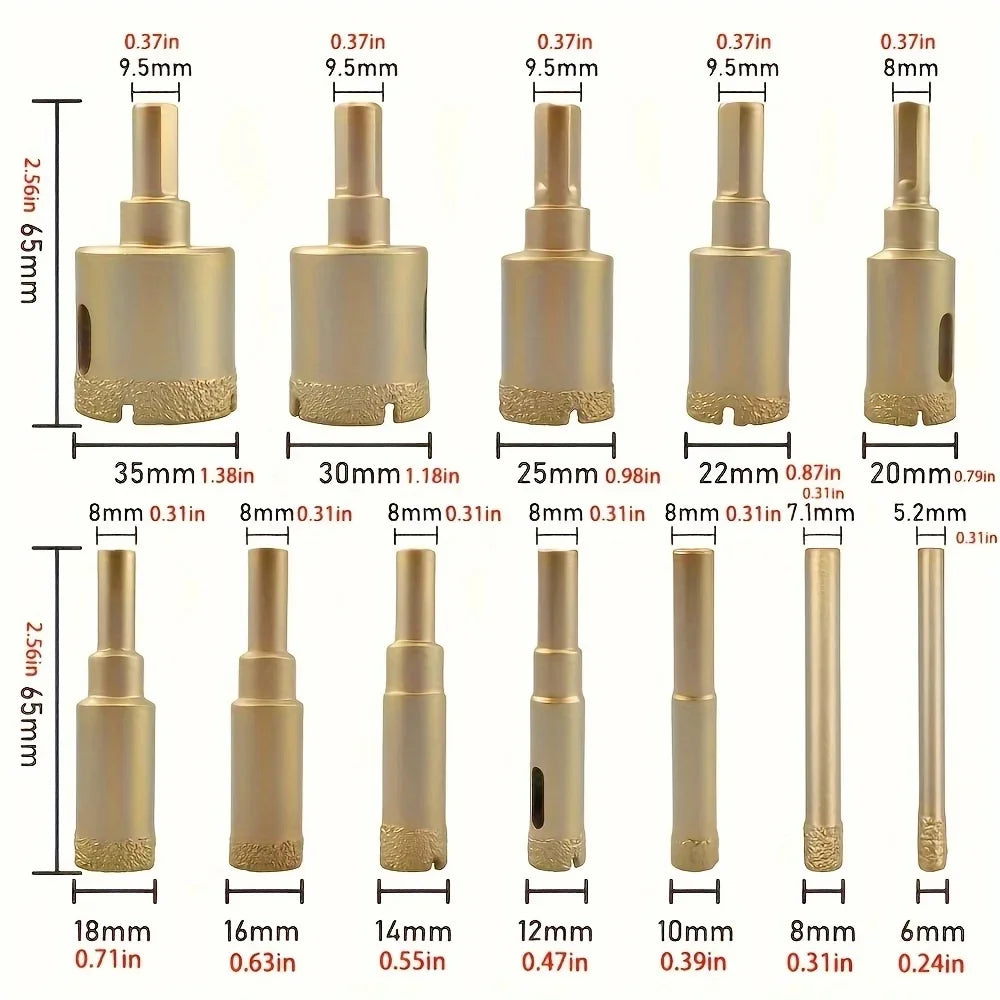 12 Pc Diamond Hole Saw Kit 6-35mm for Glass, Marble & Granite