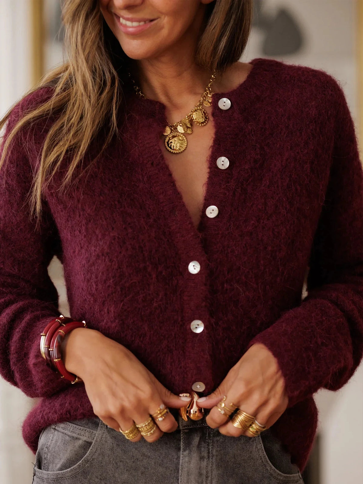 New Autumn/Winter Women's Cardigan Sweater, Burgundy Fitted Round Neck Knit Cardigan, Casual and Elegant, Versatile for Commuting