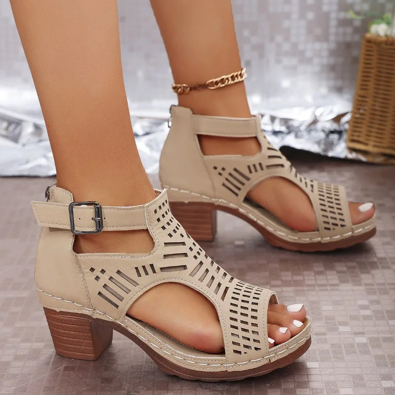 Roman Block-Heel Sandals for Women — Breathable Hollow-Out Retro Summer Heels