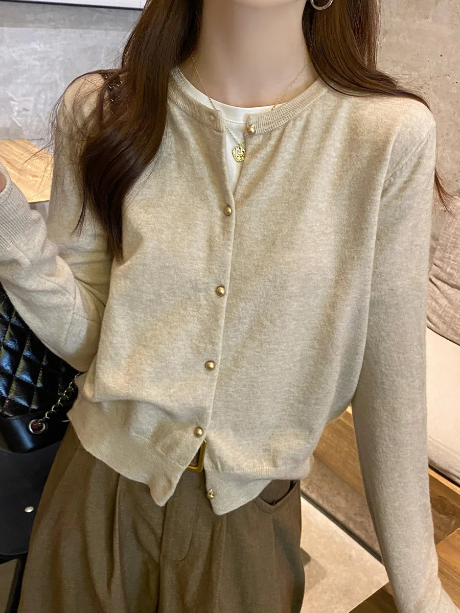 Women's Round Neck Knit Cardigan — Button Front