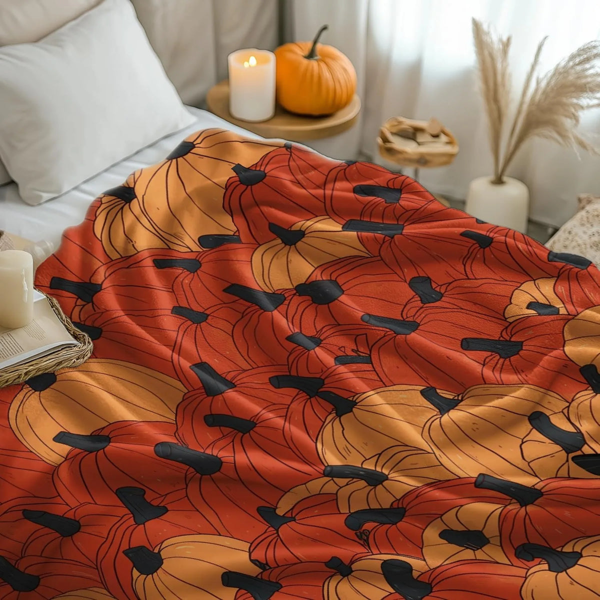 Halloween Pumpkin and Black Cat Flannel Blanket