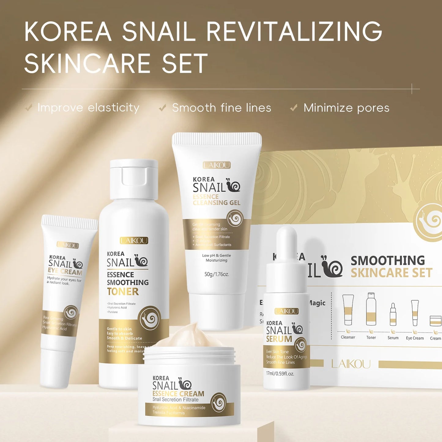5pcs/set LAIKOU Snail Skin Care Moisturizing Renewing Skincare Collection Anti Wrinkle Hydrating Anti-aging Skin Care Cosmetics