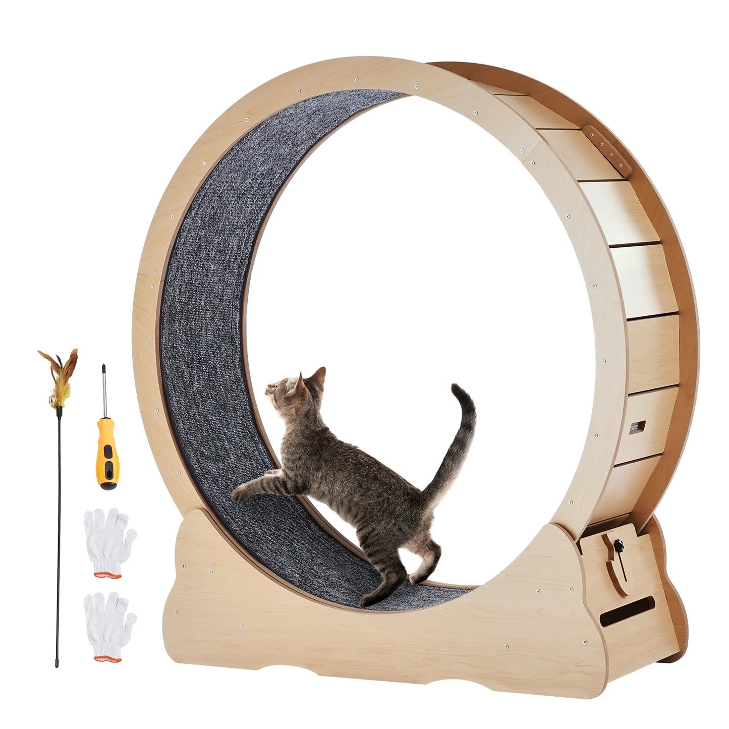 SucceBuy Wooden Cat Exercise Wheel – Large Indoor Cat Treadmill Running Wheel with Carpet & Teaser | 29–52 inch
