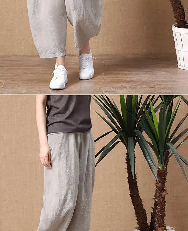 Loose Wide Leg Cotton Linen Pants High Waist Nine Points Women's plus Size Summer New Sle Casual Trousers Versatile Loose Fit