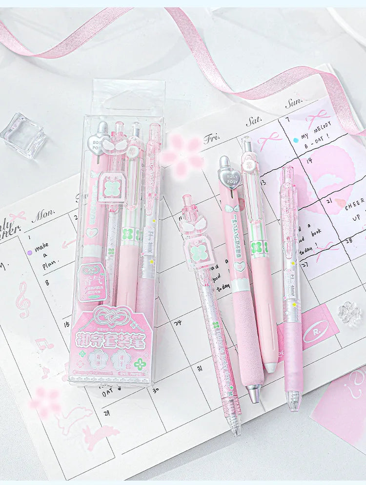 4pcs Good Luck Gel Pens Set Sweety Japanese Style 0.5mm Ballpoint Black Ink for Writing Student Back to School Kids Gift A3142