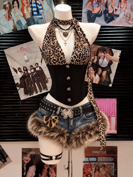 Y2K Punk Subculture Women Two Piece Sets Crop Top Shorts Retro Harajuku Streetwear Korean Fashion Vintage Casual Outfit