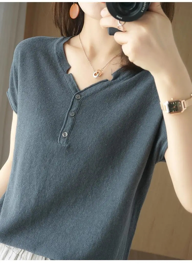 Summer 100% pure cotton women's T-shirt V-neck knitted short sleeved loose Tees solid color pullover button Tops basic versatile