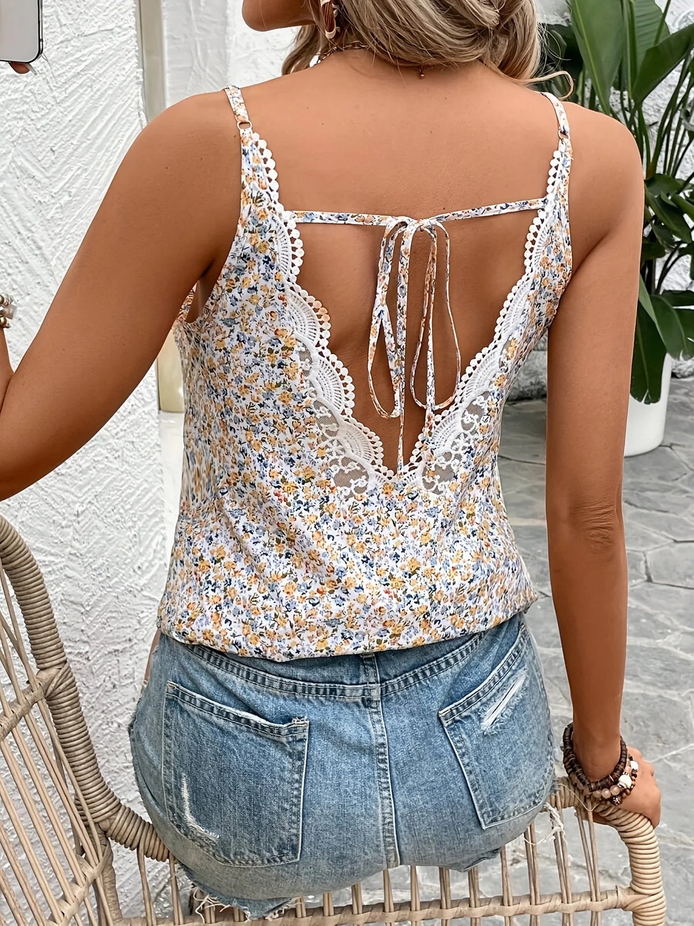 French-Style Lace Patchwork Floral Print Camisole Top, Suitable for Women, Summer Top, Perfect for Vacation