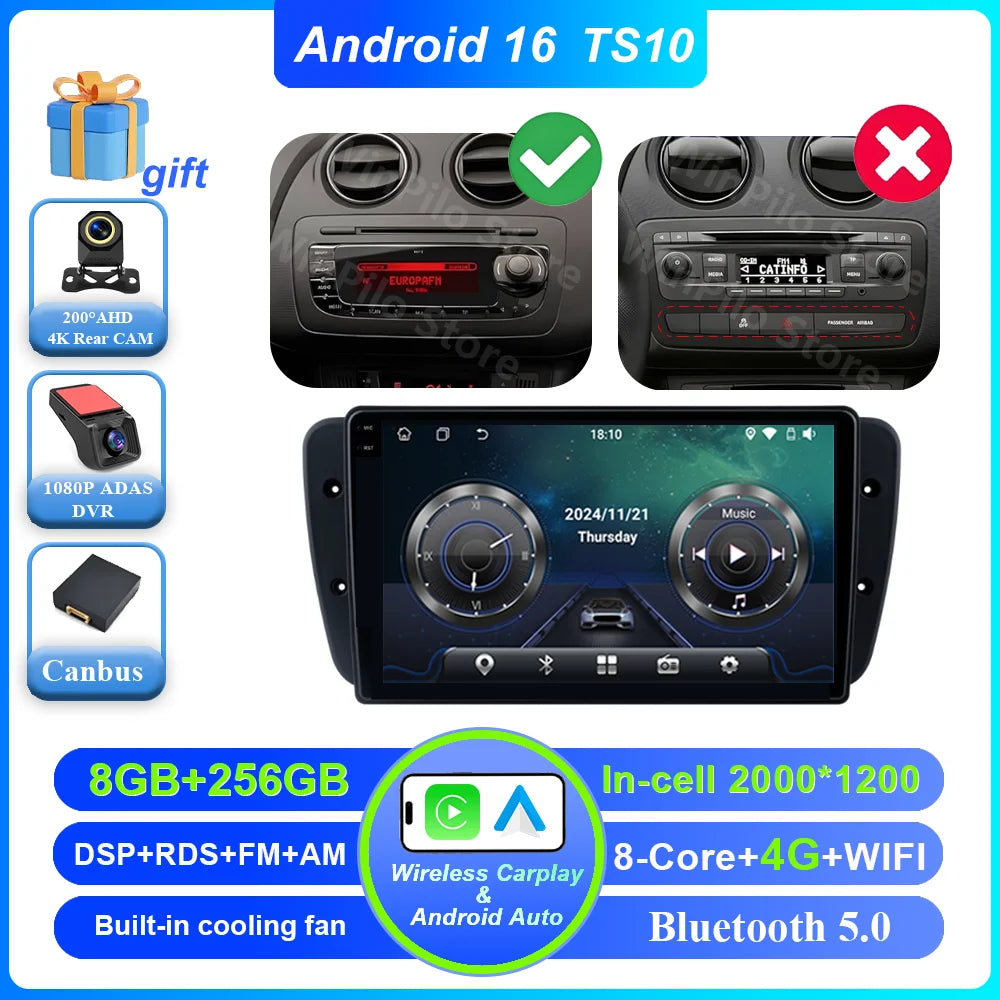 9" Android Car Stereo for Seat Ibiza MK4 6J (2008–2015) — CarPlay, Android Auto, GPS, 4G, WiFi