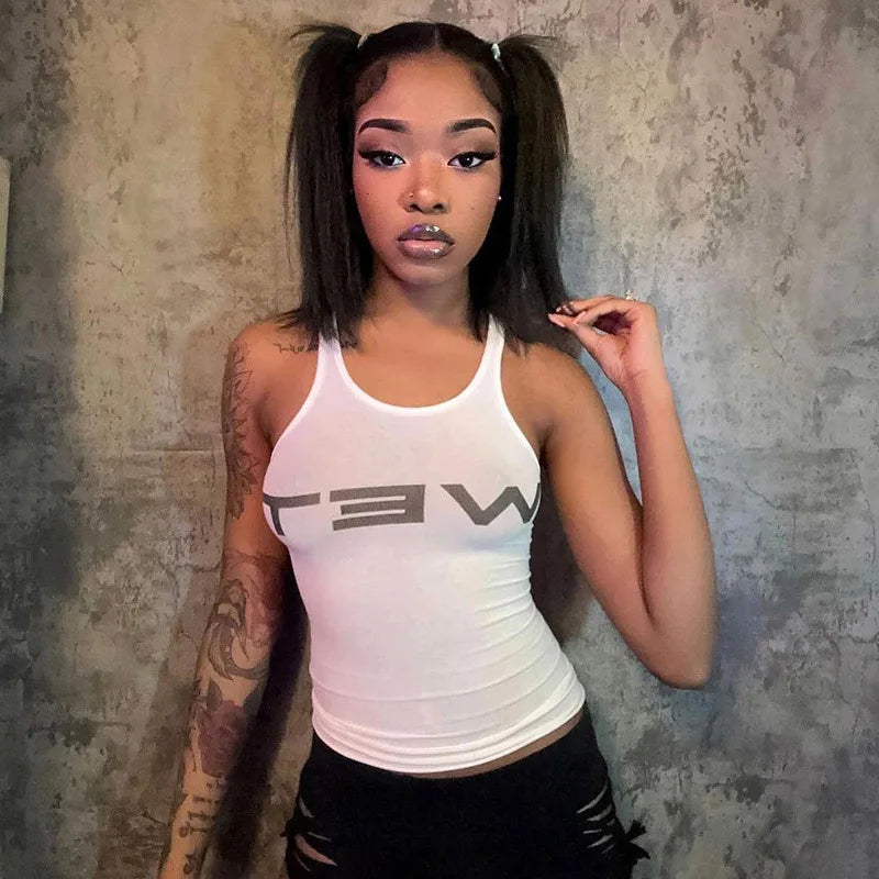 New 2026 Spring Women Sexy Tank Tops subtranslucent slim Tops Letter Printed White Women's Racerback Vest Summer Clothes