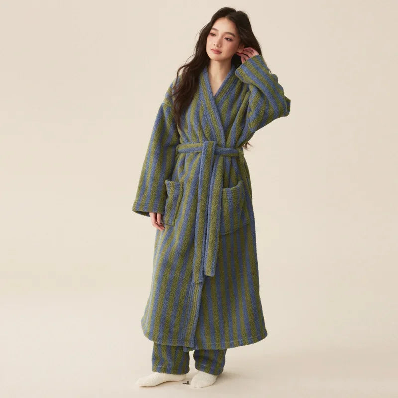 Striped Flannel Robe and Pants Set for Women and Men