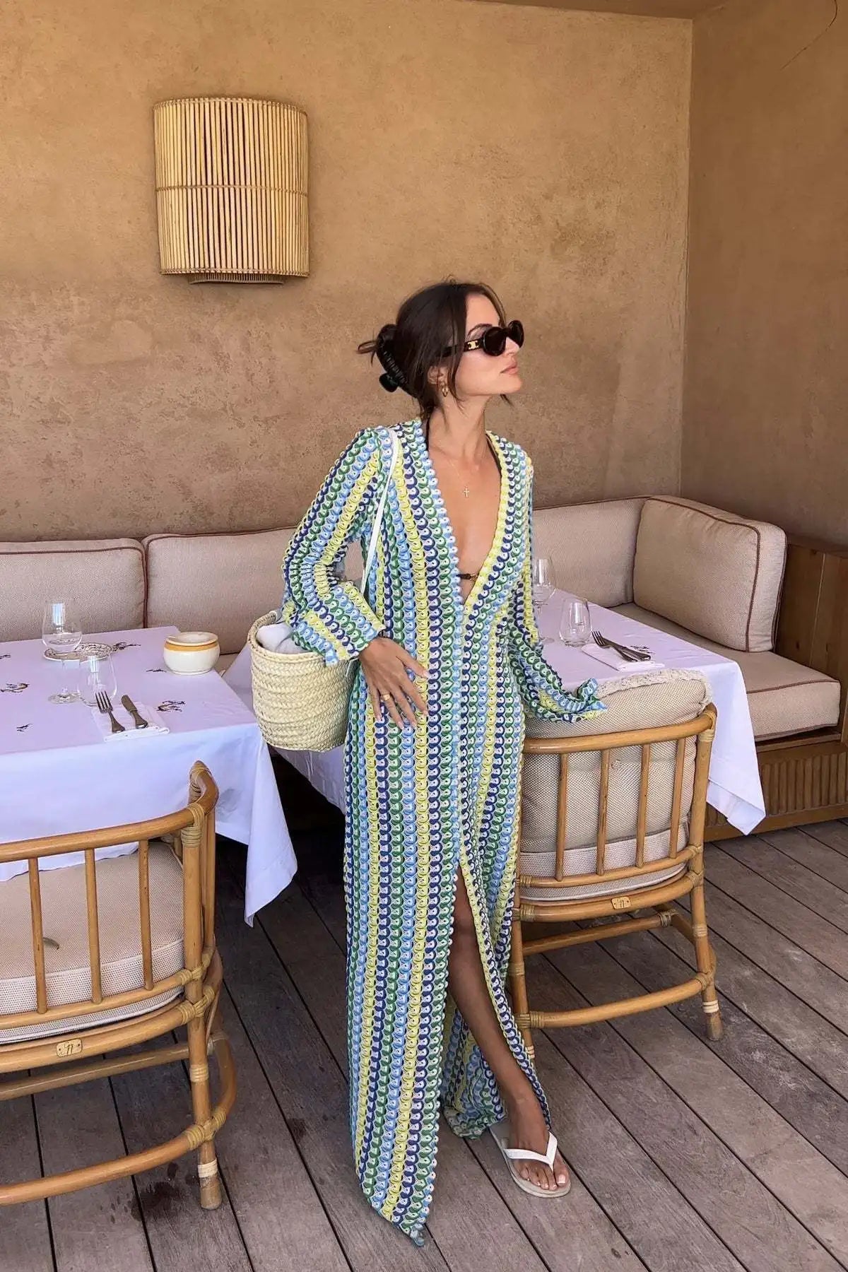 Crochet Colorful Stripe Flare Sleeve Maxi Dress Women V-neck High Split Sexy Lace Long Dresses 2026 New Beach Banquet Vestidos