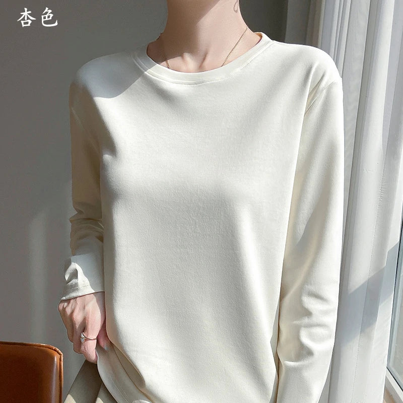 Spring And Summer New Mercerized Cotton Long Sleeve T-shirt Women's Round Neck Loose 100% Cotton Bottoming T-shirt