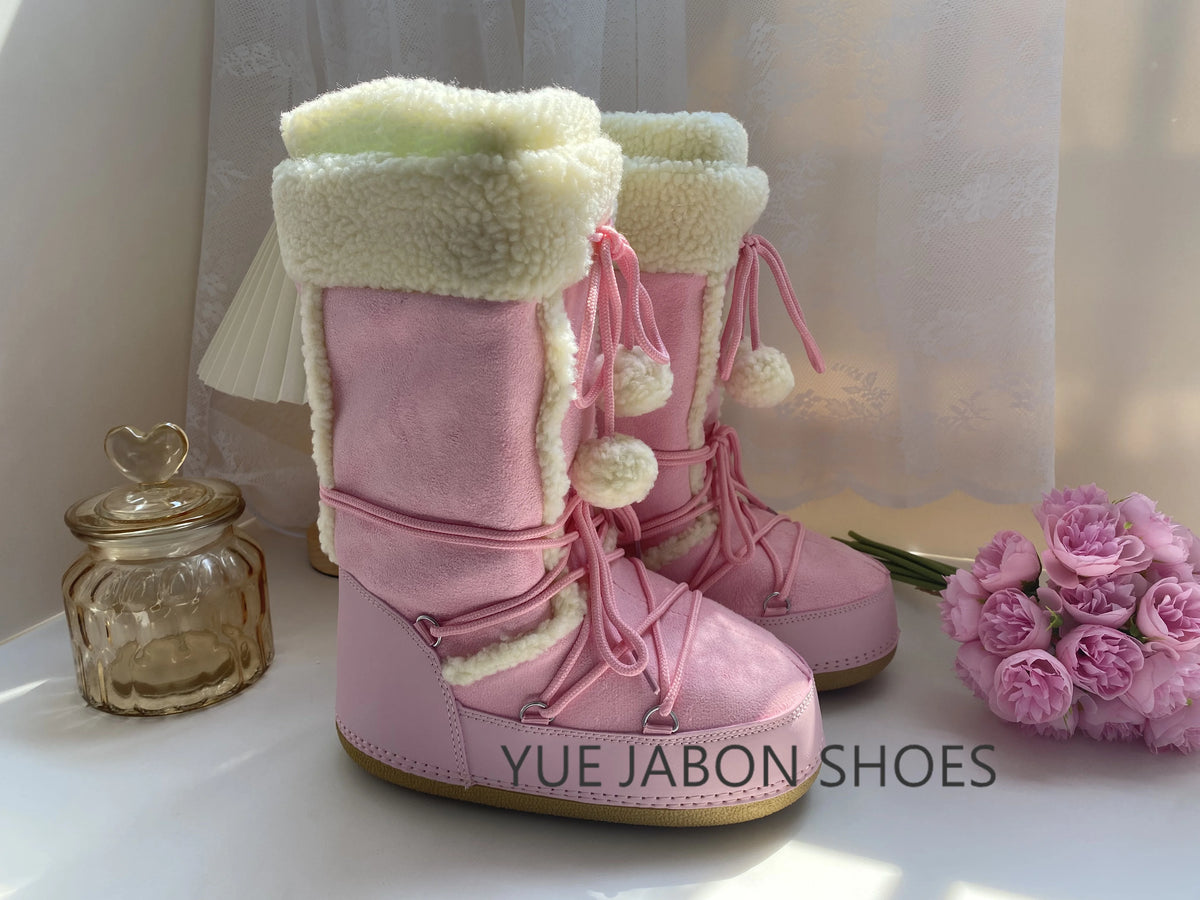Women's Pink Plush Lace-Up Snow Boots, Platform