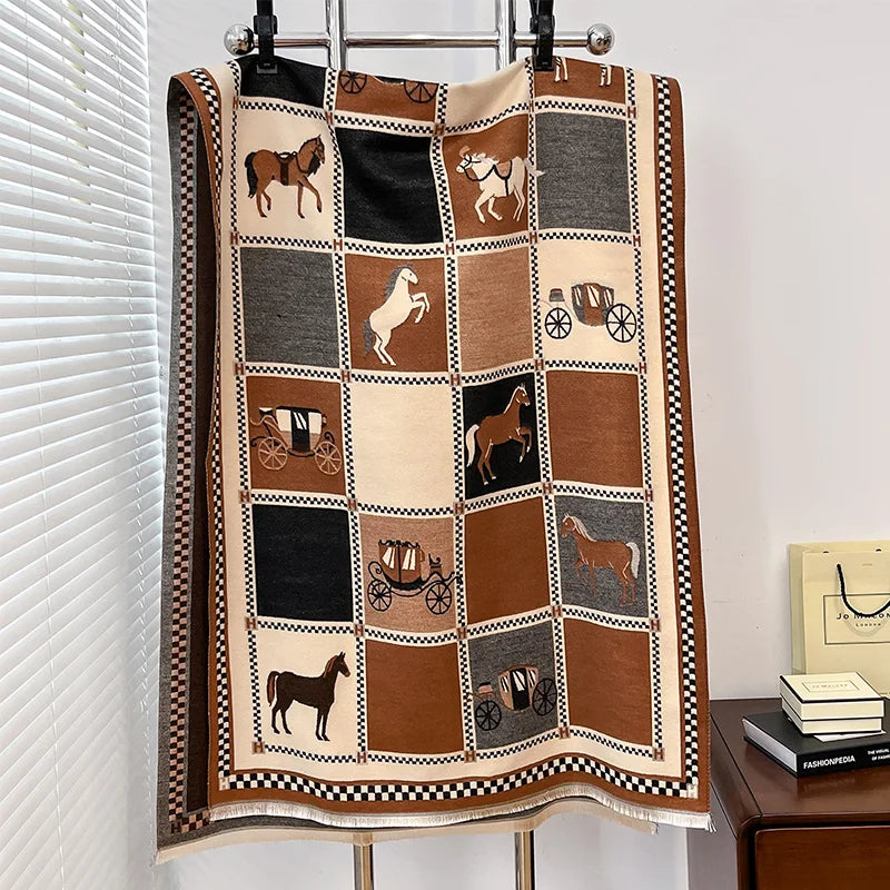 Women's Horse Print Poncho Shawl Wrap, Thick Winter Scarf