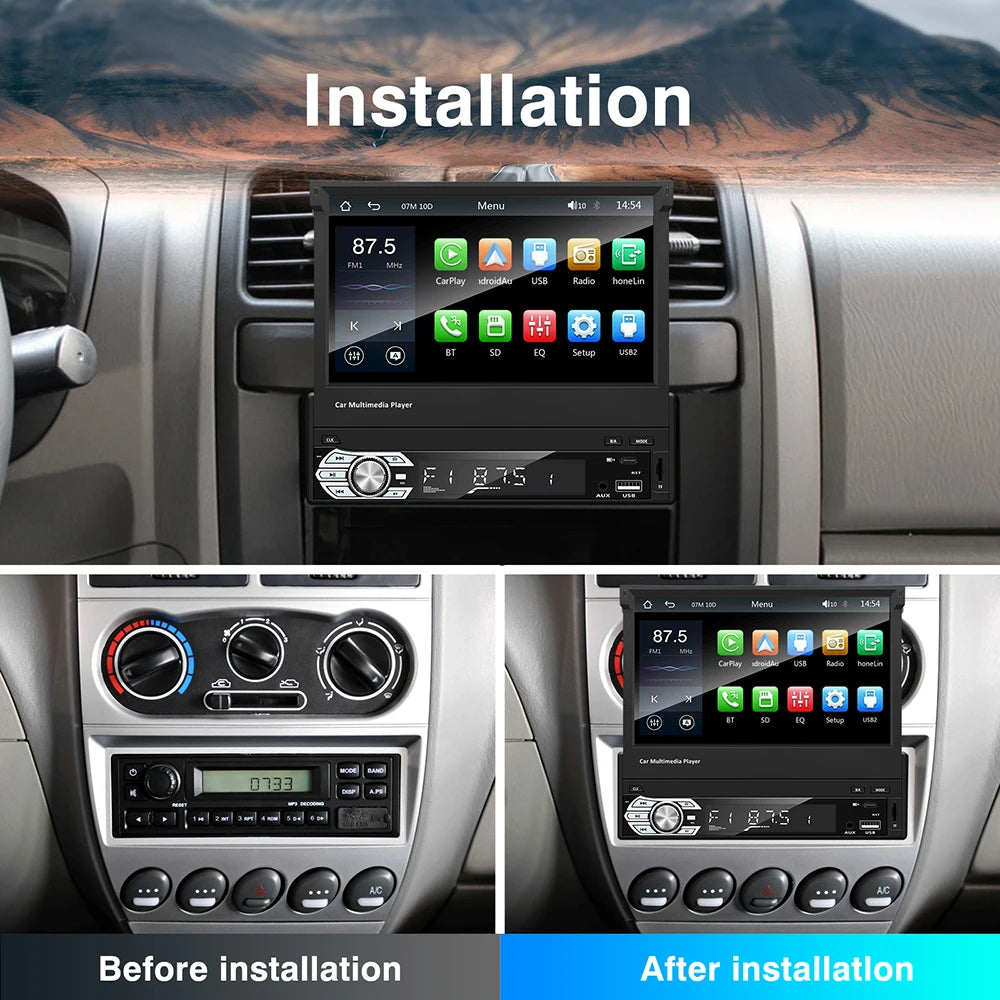 1-DIN 7" Retractable Touchscreen Car Stereo — CarPlay, Android Auto, Mirror Link, FM/AUX, Bluetooth