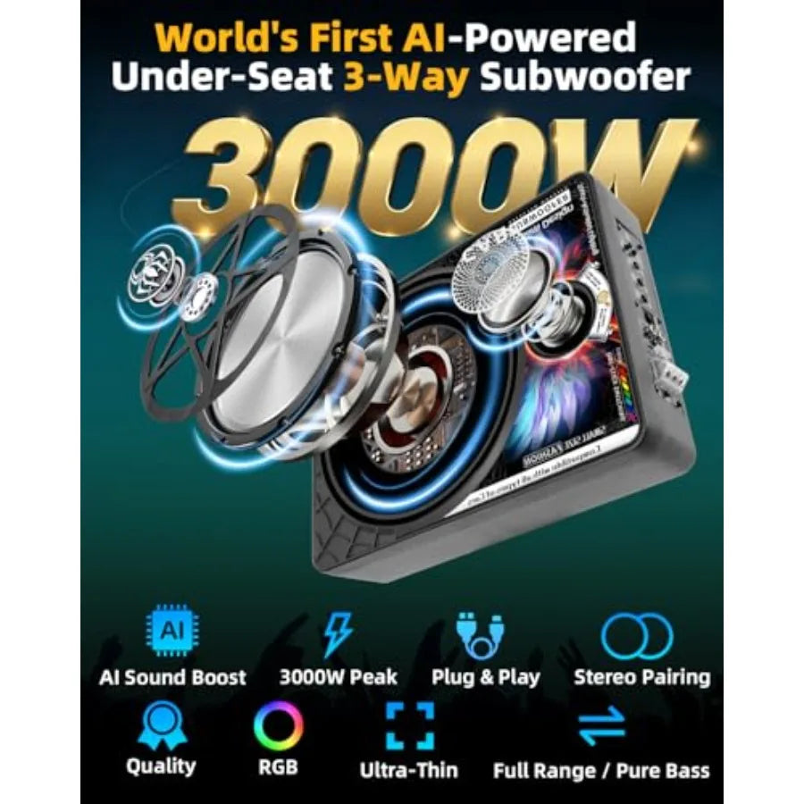 3000W AI 3-Way Under Seat Subwoofer with Amp, Slim Powered Car Subwoofer 20Hz 22kHz Full Range, Built-in Amplifier Plug and Pla