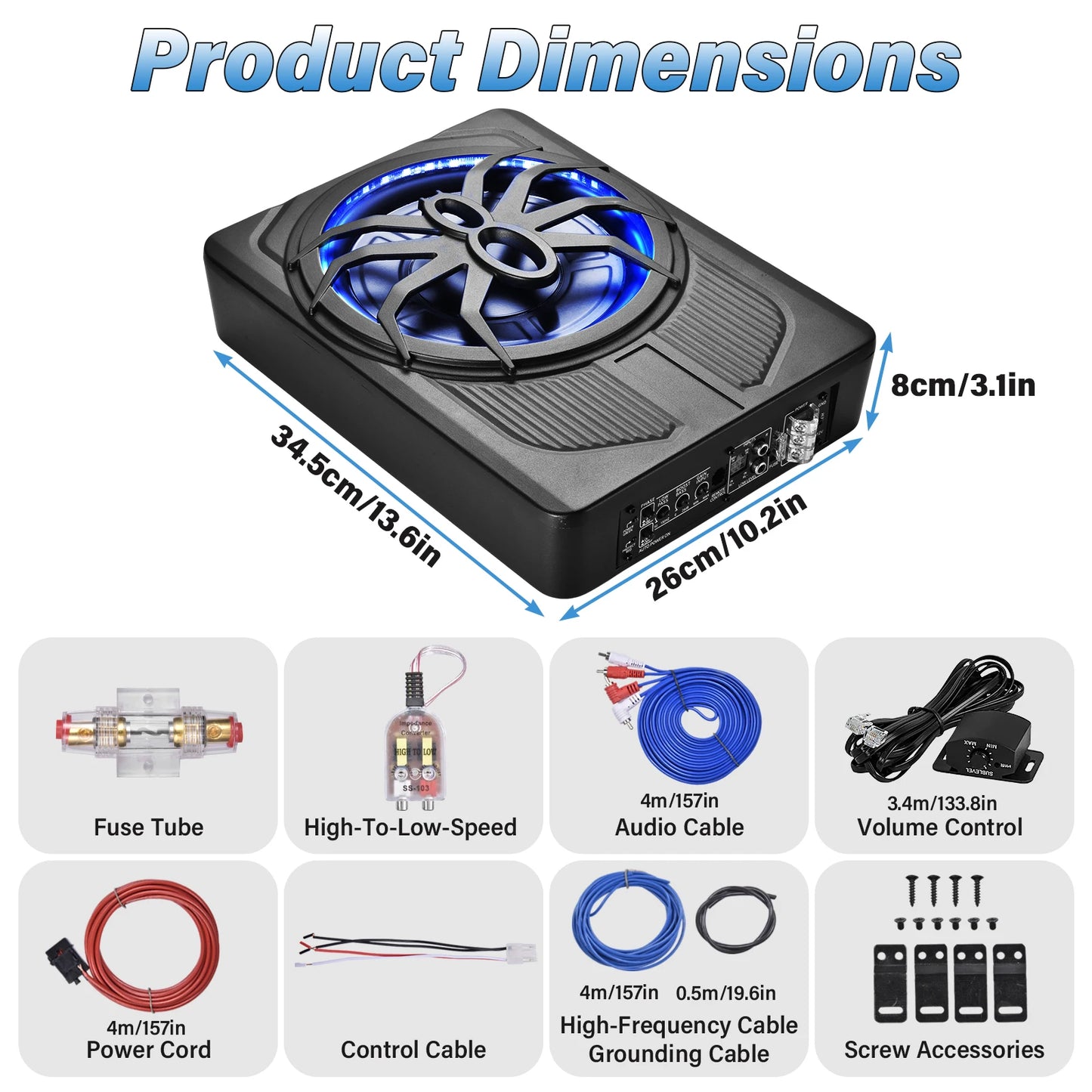 10 Inch Under Seat Subwoofer, Active Car Subwoofer, Compact Under Seat Sub 12V with Blue LED Ambient Light for Trucks, Vehicles with Limited Space