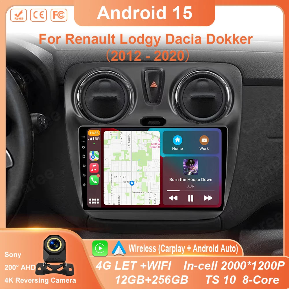Car Stereo with Apple CarPlay & Android Auto, Compatible with Renault Dokker, Lodgy & Dacia