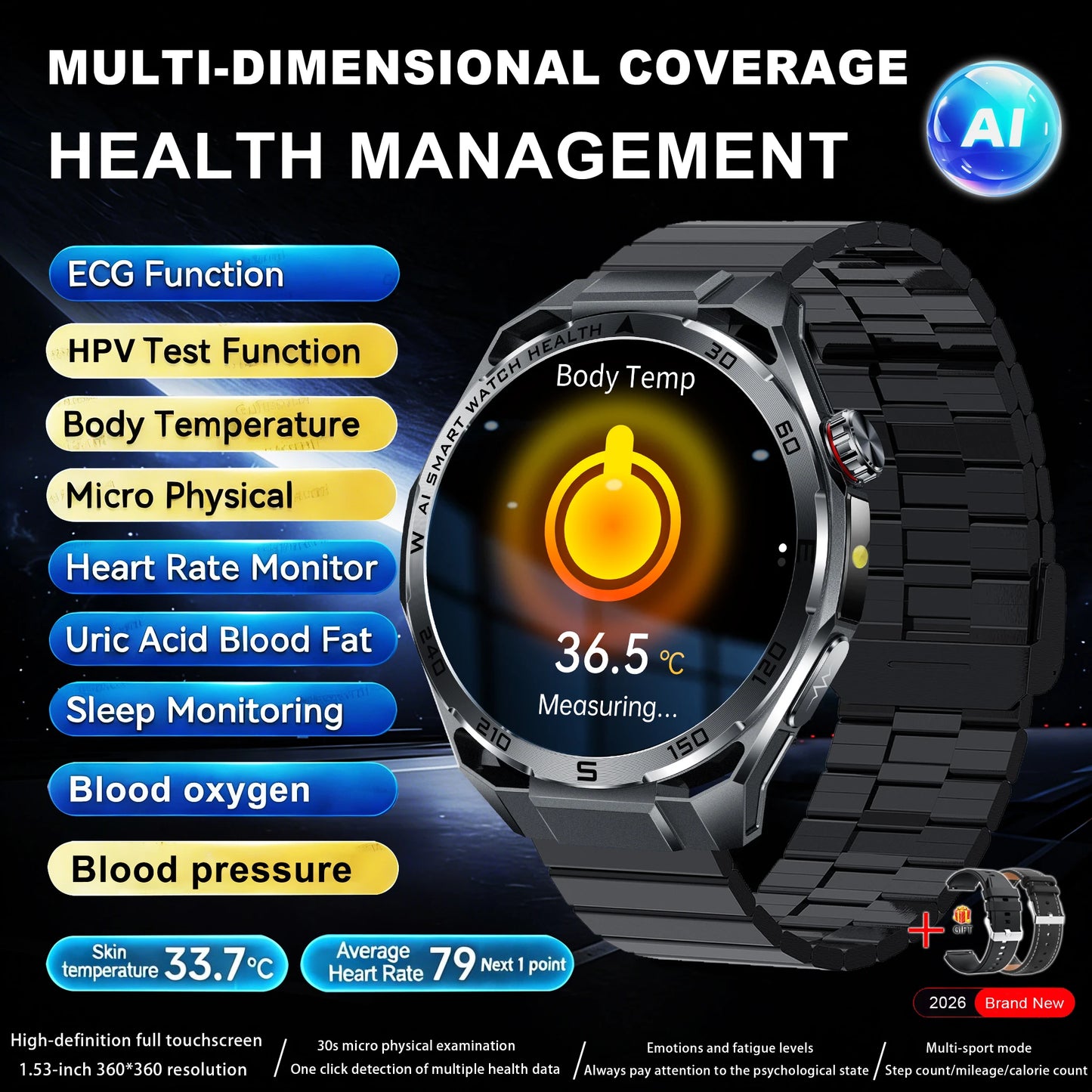 2026 New Body Fat AI Analysis Health Smart Watch ECG+PPG Uric Acid BP Blood Oxygen Call AMOLED Screen Smart Watch For Men Women