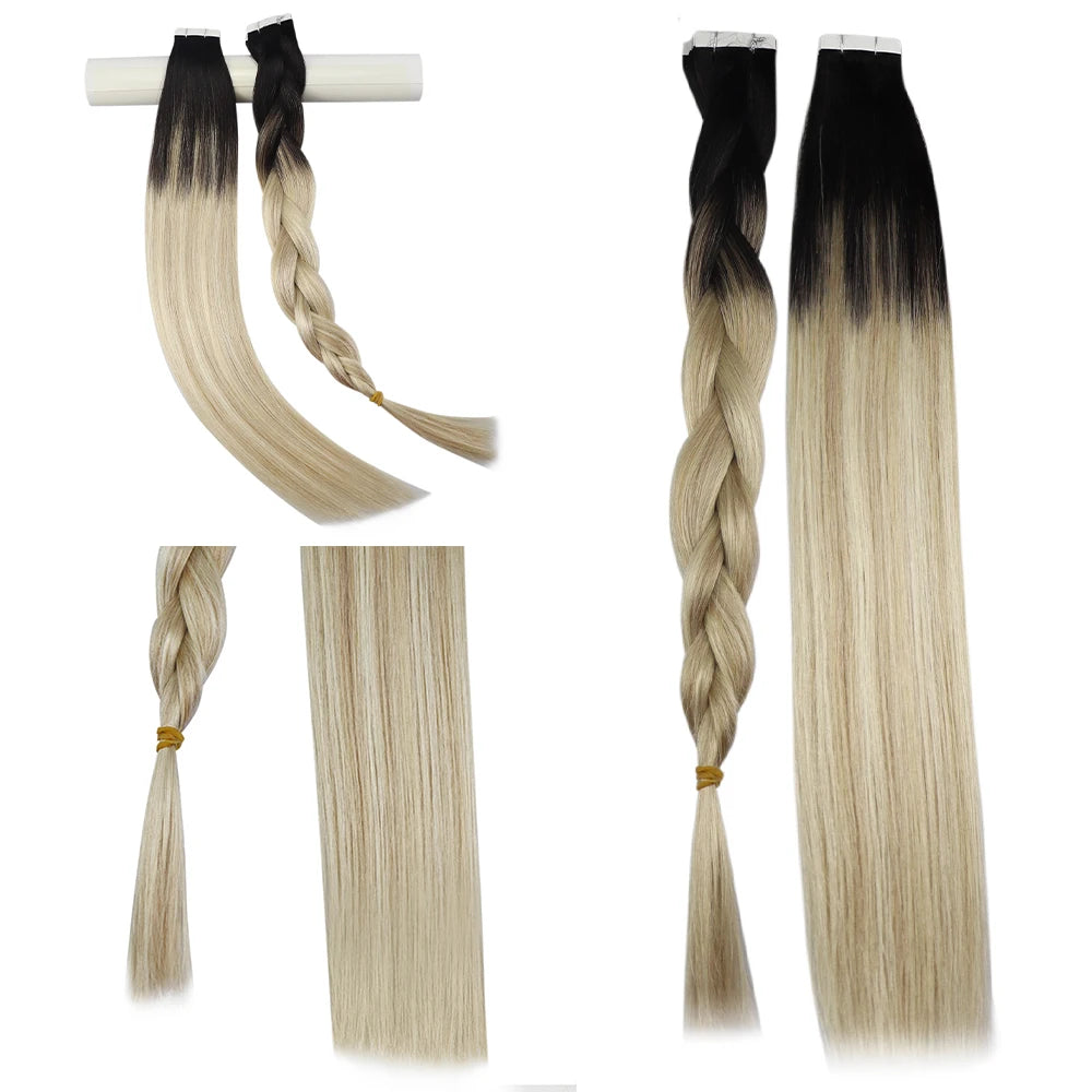 Moresoo Tape in Human Hair Extensions Balayage Blonde Hair Remy Hair Natural Soft Skin Weft Straight Seamless Hair Tape in Hair