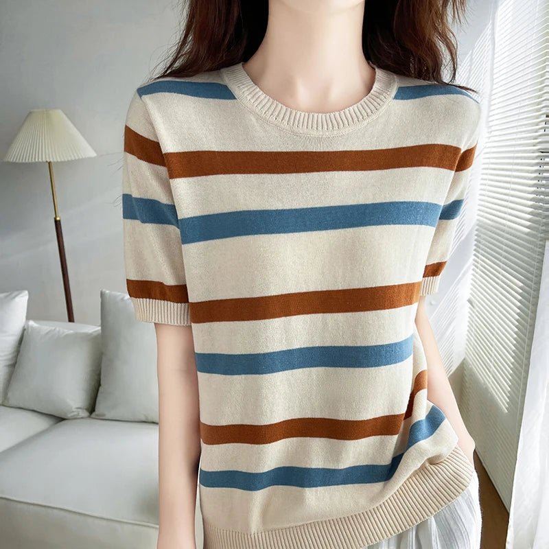 Women's Striped Knit T-Shirt — 100% Cotton Round-Neck Loose Pullover Top
