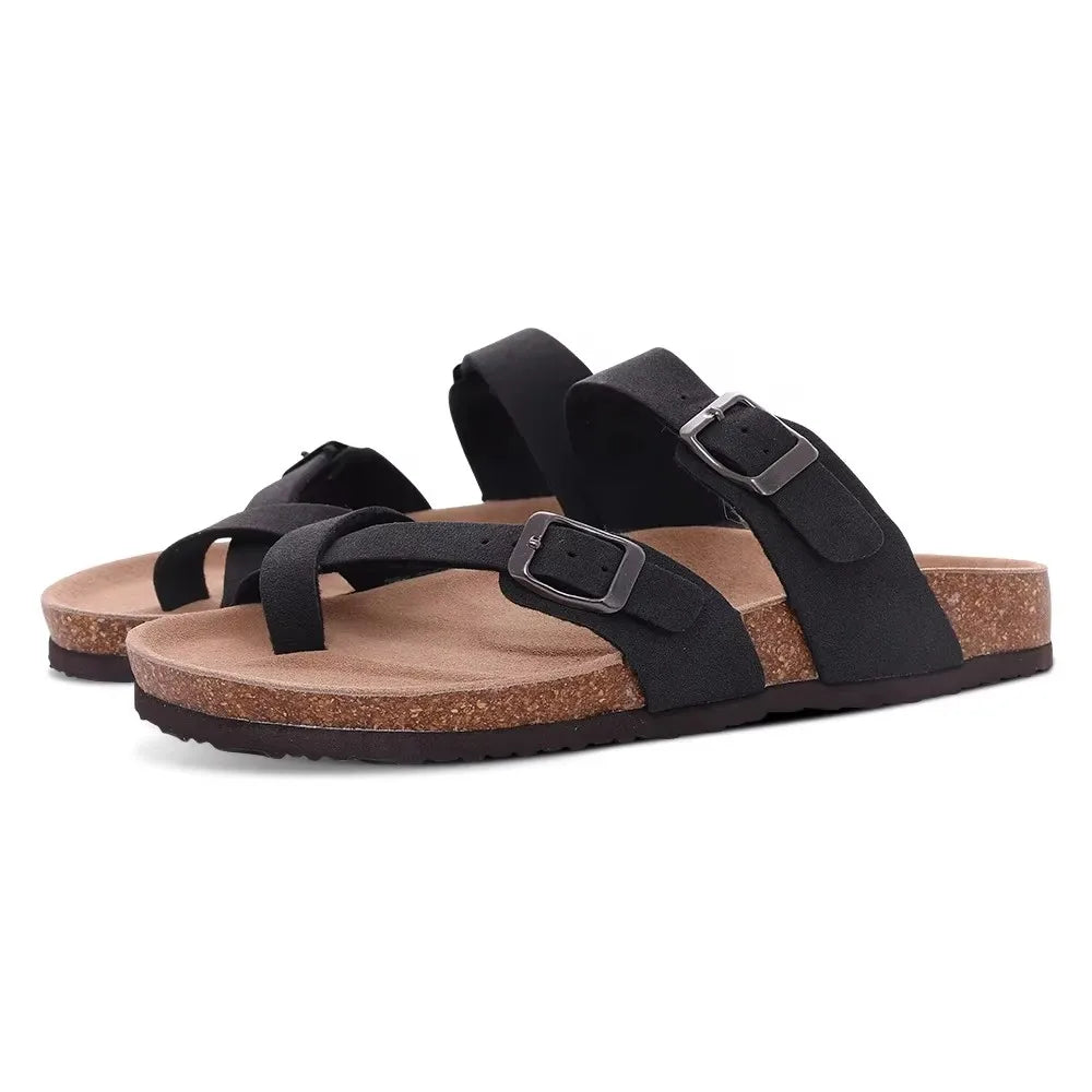 Crestar Women Cork Footbed Slippers Summer Couple Adjustable Double Buckles Flat Sandals Outdoor Cork Beach Slides With Open Toe