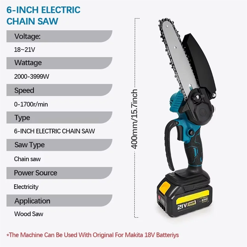 1700RPM 6 Inch Mini Li-Ion Electric Chainsaw One Hand Portable Electric Saw Fit 18V Makita Battery