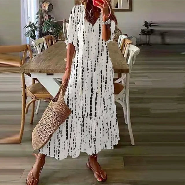 Women's Boho Maxi Dress – Casual V-Neck Drawstring Long-Sleeve Printed Bohemian Dress