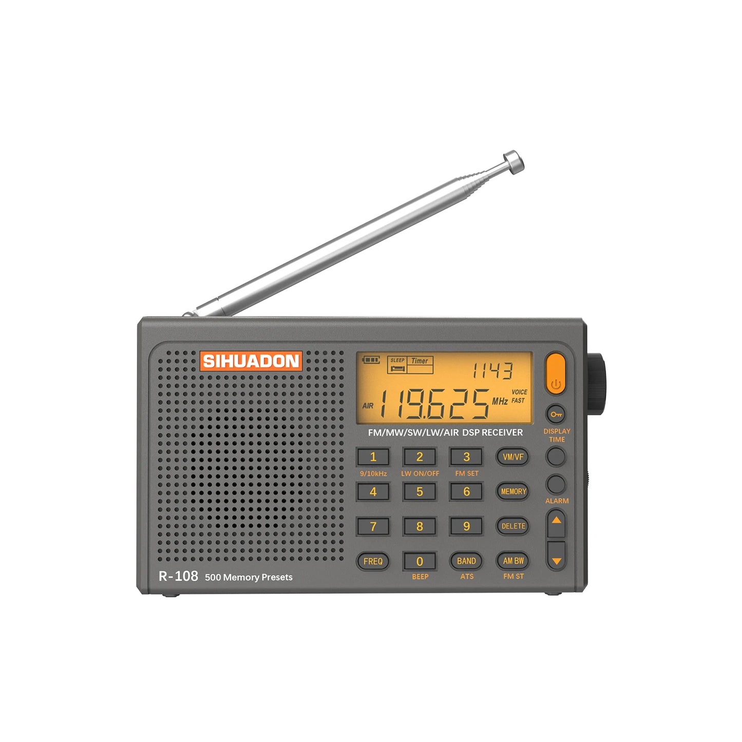 XHDATA R108 Digital Portable Radio AM FM Stereo Shortwave LW Air Band Multiband Receiver with Alarm Clock Display Speaker