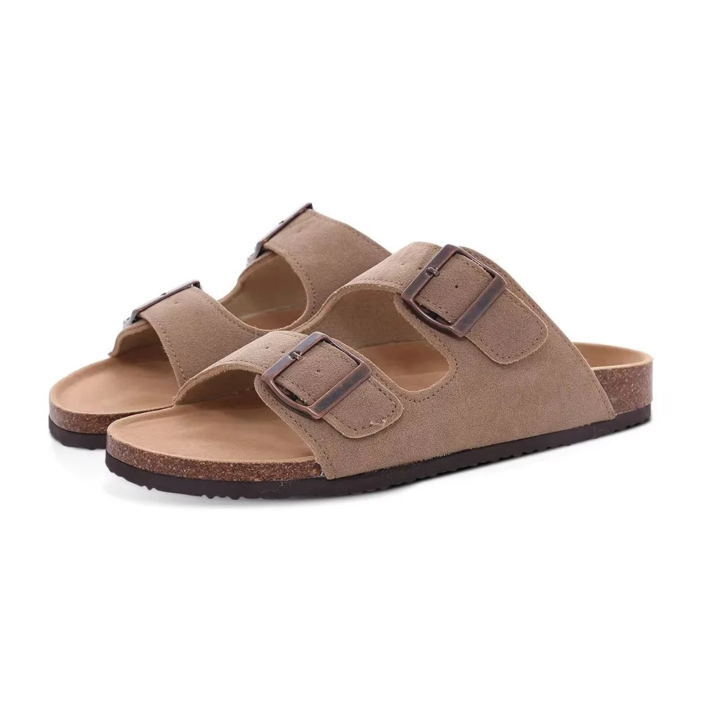 Crestar Women Cork Footbed Slippers Summer Couple Adjustable Double Buckles Flat Sandals Outdoor Cork Beach Slides With Open Toe