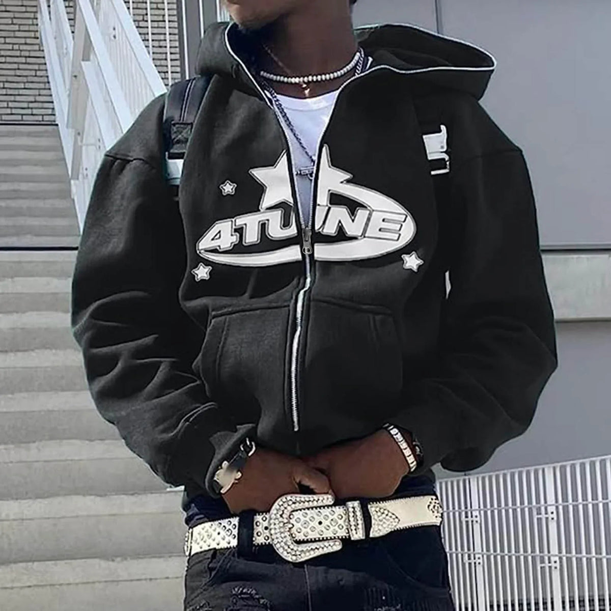 Men's Letter Print Zip-Up Hoodie, Hip Hop Style