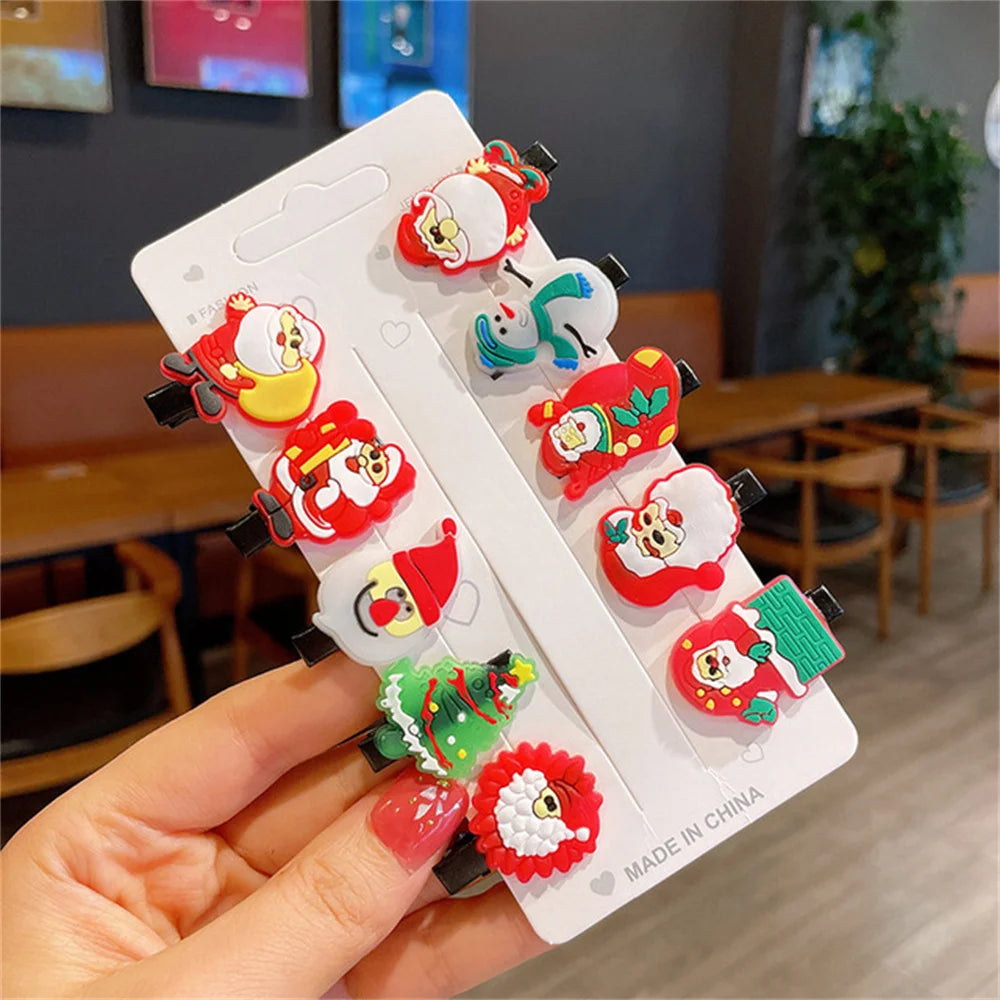 10pcs/Set Funny Christmas Hair Clips Mixed Styles Cartoon Elk Santa Claus Barrettes Kid Girl Xmas Party Headwear Gift