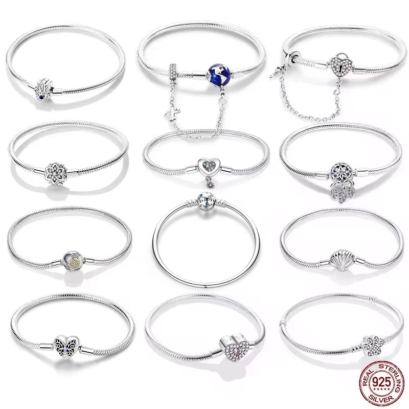 925 Sterling Silver Charm Bracelet – Star Moon Sun Four Leaf Clover Zircon | DIY Birthday Gift for Women (17-20cm)